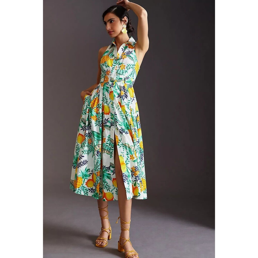Anthropologie Maeve Maxi Shirt Dress Pineapple Tropical Women's Size M / $278